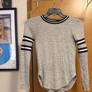 gaze Gray Long Sleeve Top with Navy Stripe Trim